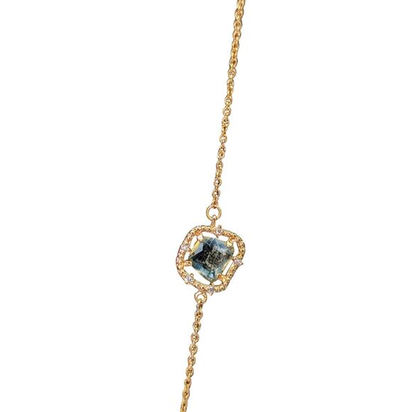 Hand-Crafted Abstract Blue Green Glass Crystal & CZ Gold Plated Chain Necklace - Picture 7 of 8
